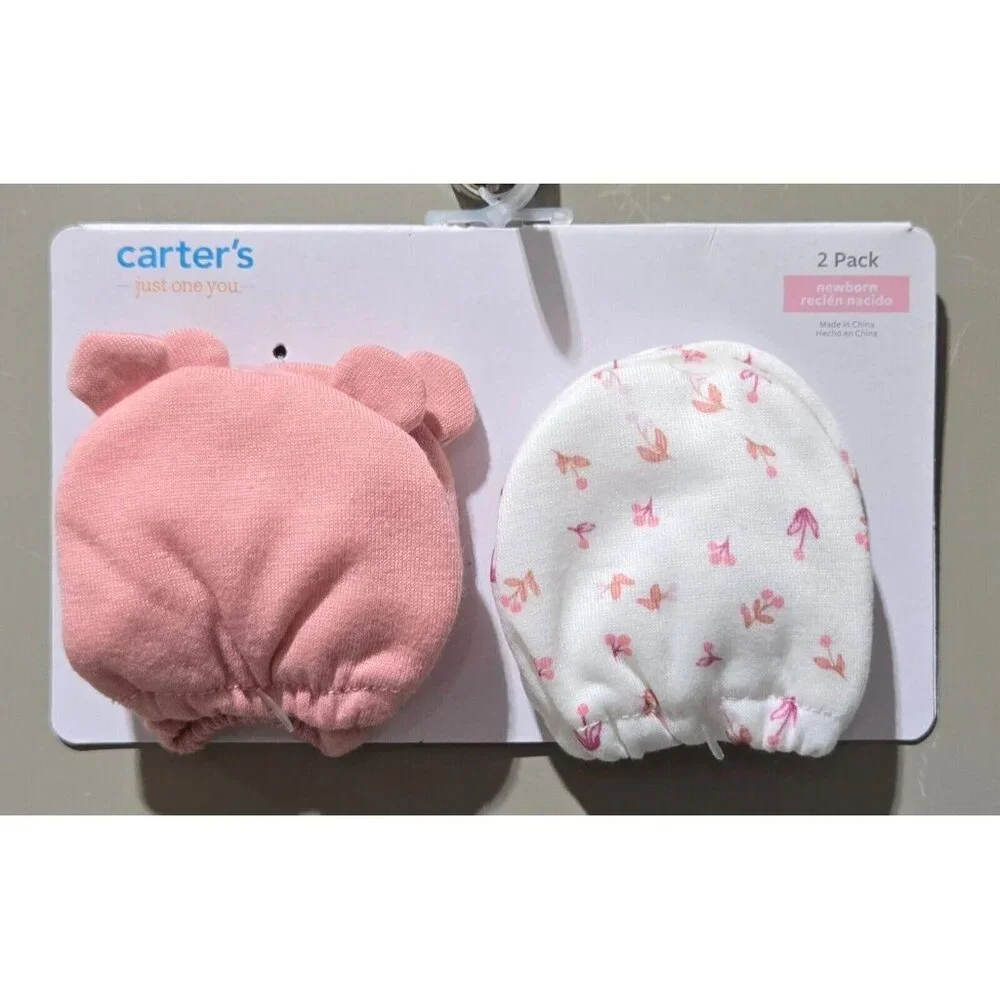 Carter's Baby Pink Bear Ears & Floral 2 Count Stay Put Mittens Set -- Sz Newborn